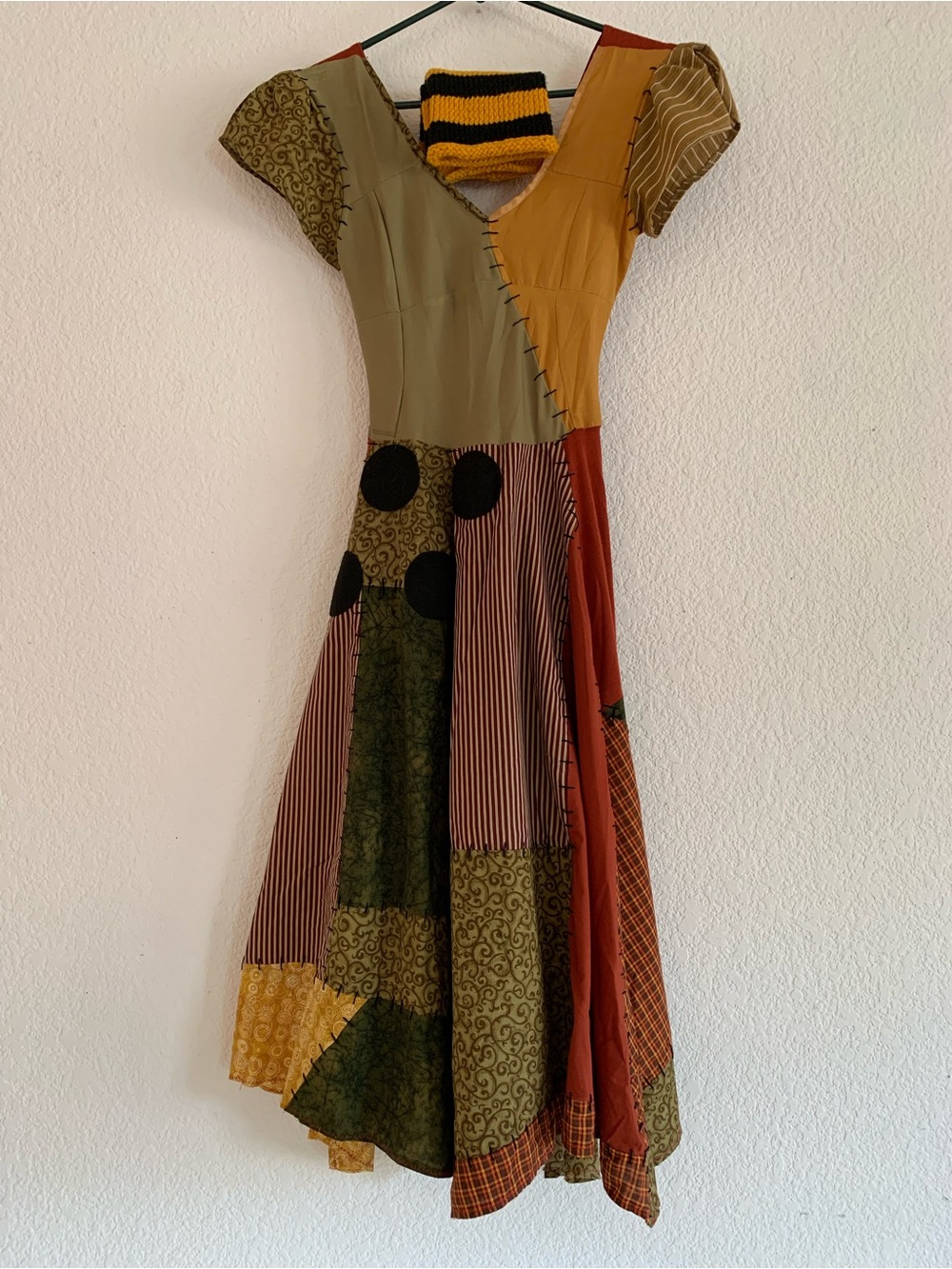 Handmade Patchwork “Sally” Dress Costume in Olive, Mustard & Rust